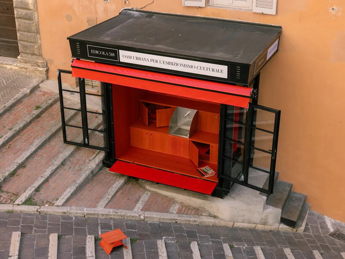 historic perugia newsstand reconfigures into stepped red oak mini reading kiosk - 3