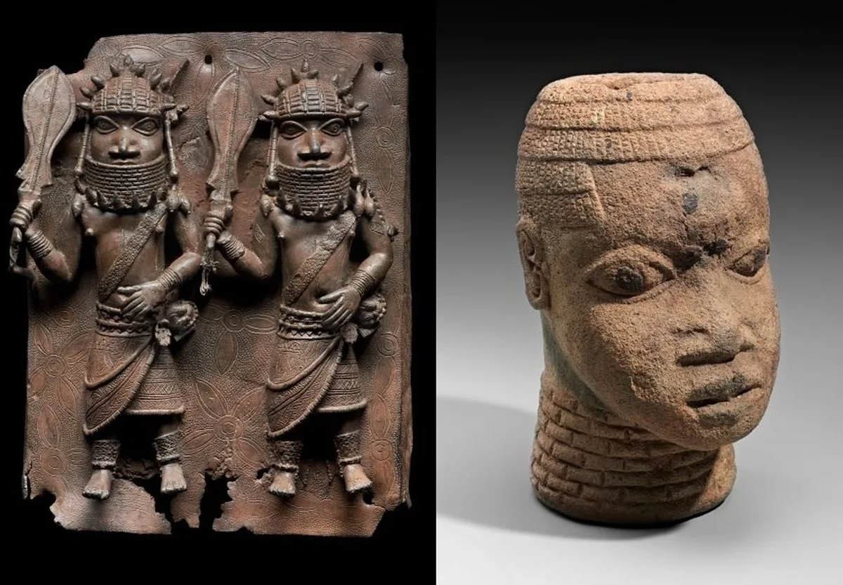 A side-by-side photo of two Benin artifacts, a terracotta commemorative head with stylized features and a bronze relief plaque depicting two armed officials in ceremonial dress.