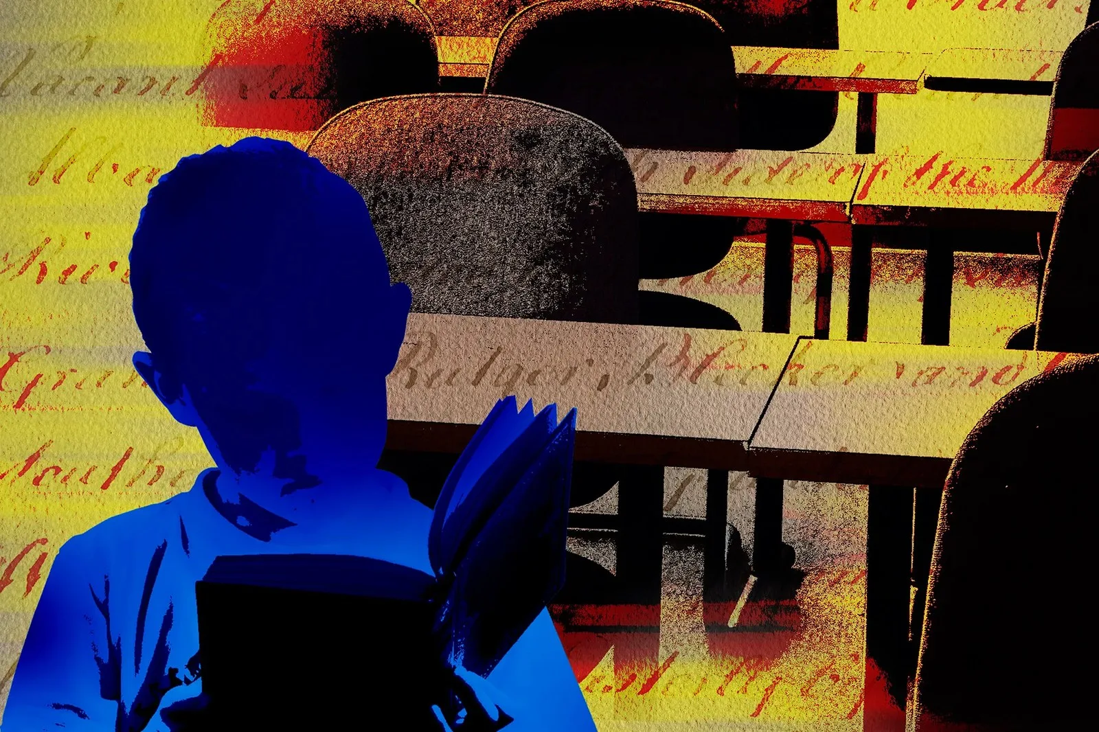 Illustration of cursive, classroom, and child reading. Roy Scott/Ikon Images