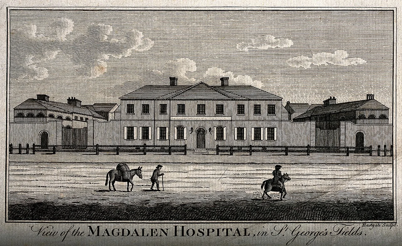 The first Magdalen Hospital, St George's Fields, Southwark, built in 1772 as a replacement for the earlier hospital founded in 1758