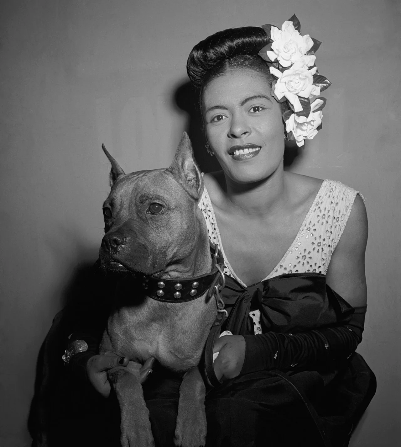 Portrait of Billie Holiday and Mister, Downbeat, New York, N.Y., ca. Feb. 1947 (LOC, 5020400274, cropped)