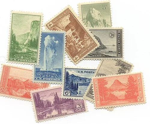 In 1934, a series of ten postage stamps was issued to commemorate the reorganization and expansion of the National Park Service.